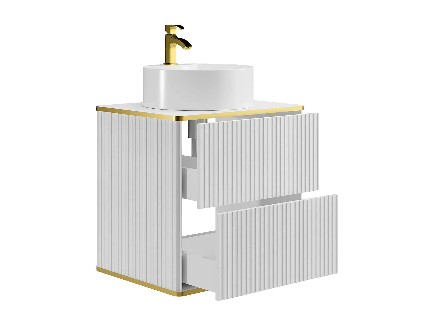 Meuble de salle de bain suspendu strié liseré doré avec vasque à poser ronde - Blanc - L60 cm - KELIZA