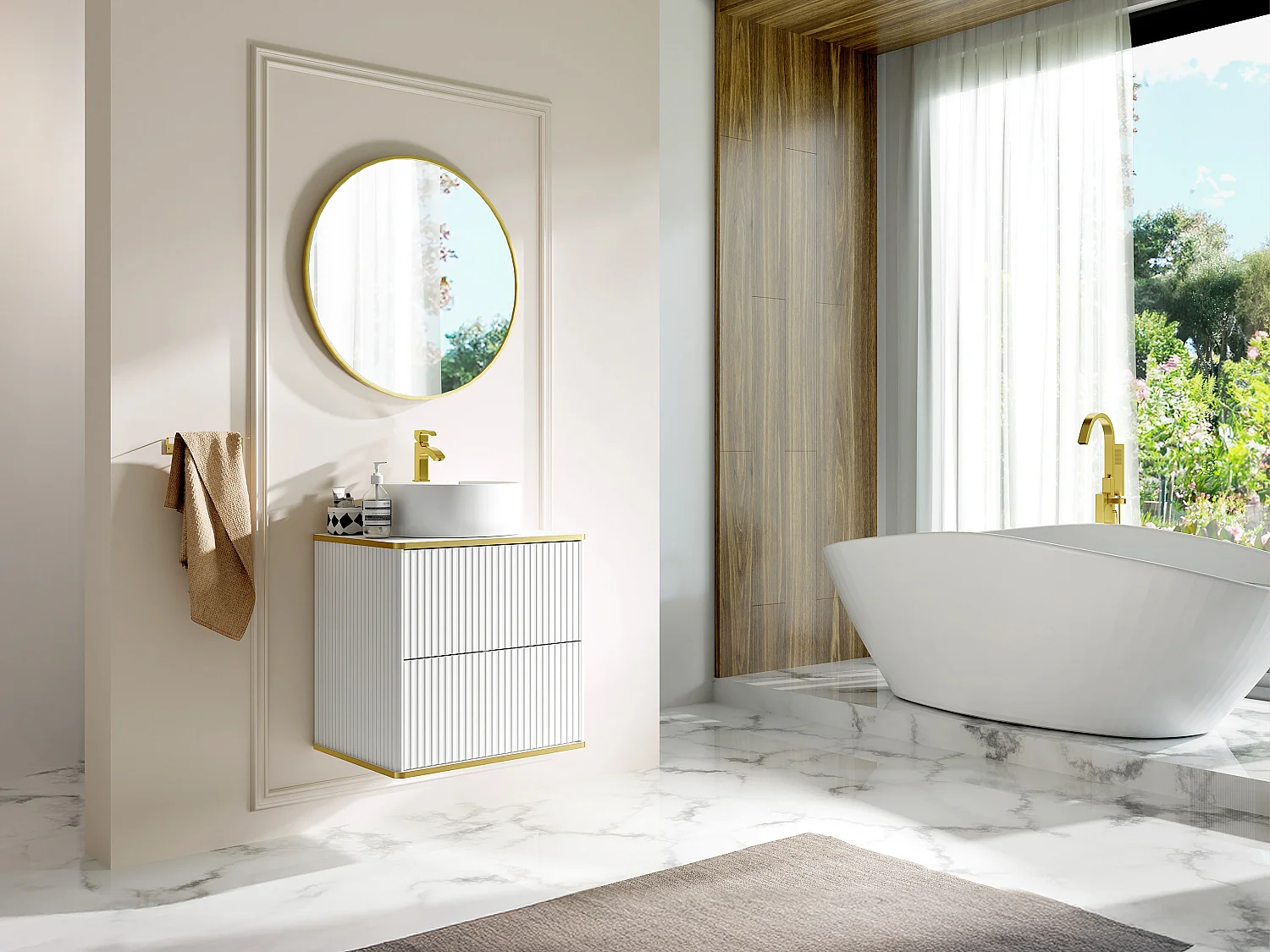 Meuble de salle de bain suspendu strié liseré doré avec vasque à poser ronde - Blanc - L60 cm - KELIZA