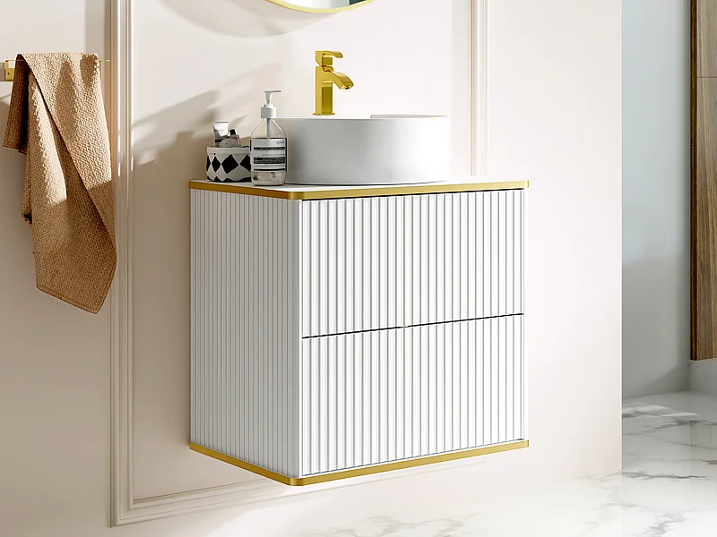 Meuble de salle de bain suspendu strié liseré doré avec vasque à poser ronde - Blanc - L60 cm - KELIZA