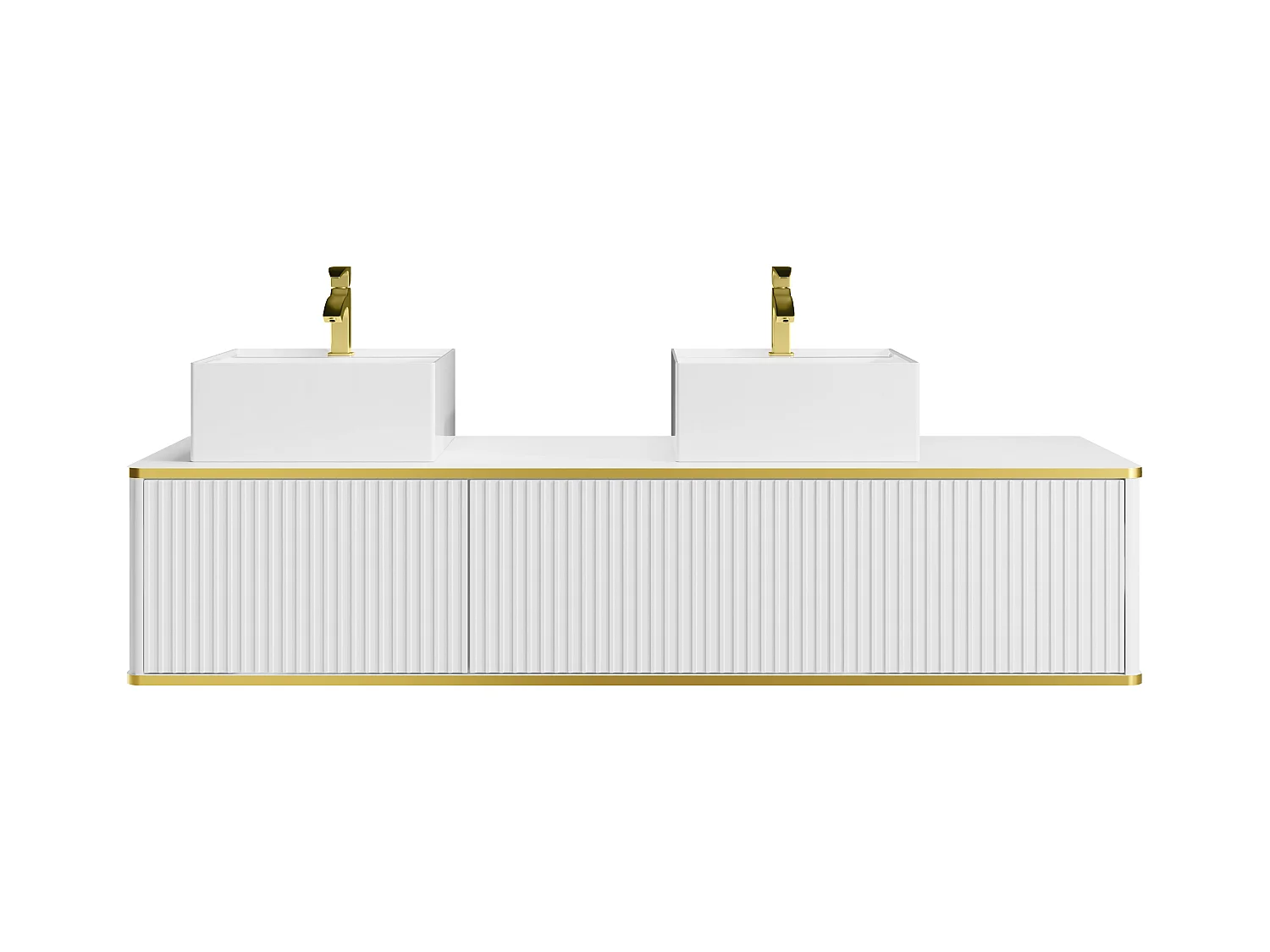 Meuble de salle de bain suspendu strié liseré doré 2 tiroirs avec double vasque à poser carrée - Blanc - 150 cm - KELIZA