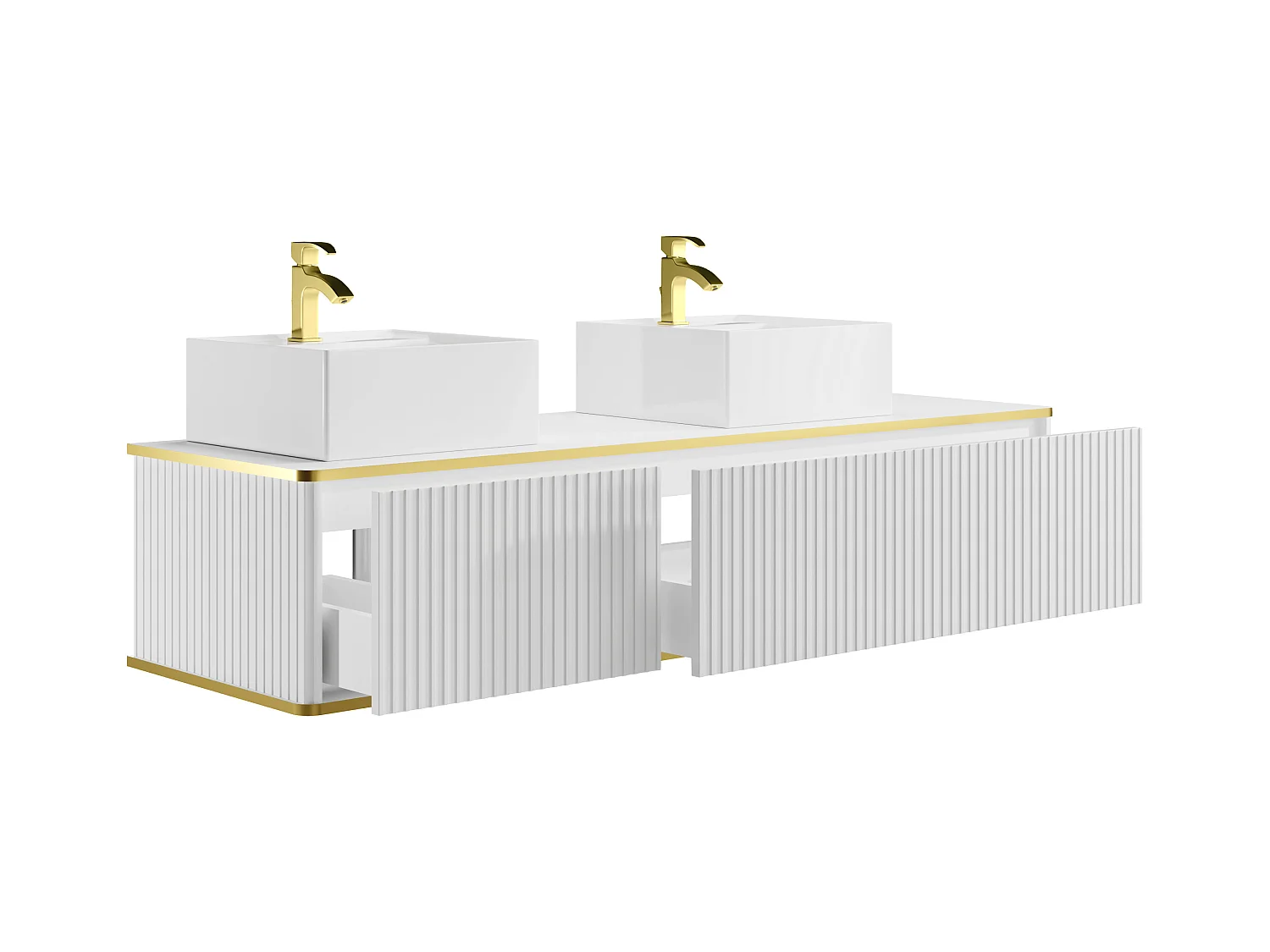 Meuble de salle de bain suspendu strié liseré doré 2 tiroirs avec double vasque à poser carrée - Blanc - 150 cm - KELIZA