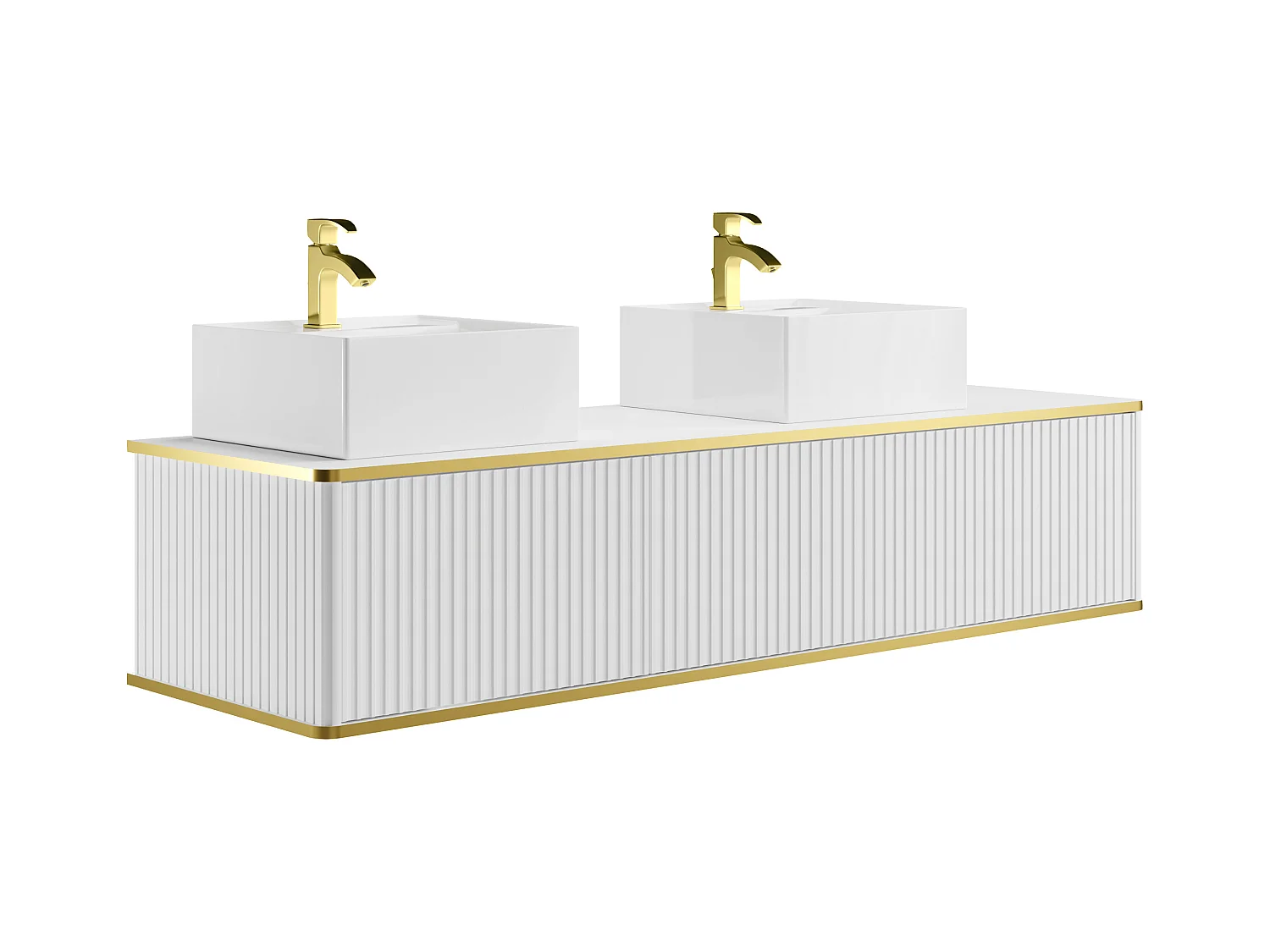 Meuble de salle de bain suspendu strié liseré doré 2 tiroirs avec double vasque à poser carrée - Blanc - 150 cm - KELIZA