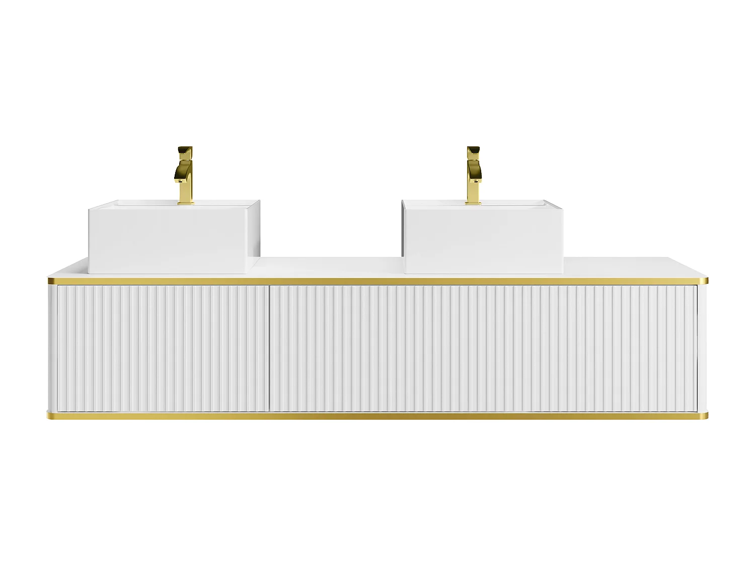 Meuble de salle de bain suspendu strié liseré doré 2 tiroirs avec double vasque à poser carrée - Blanc - 150 cm - KELIZA