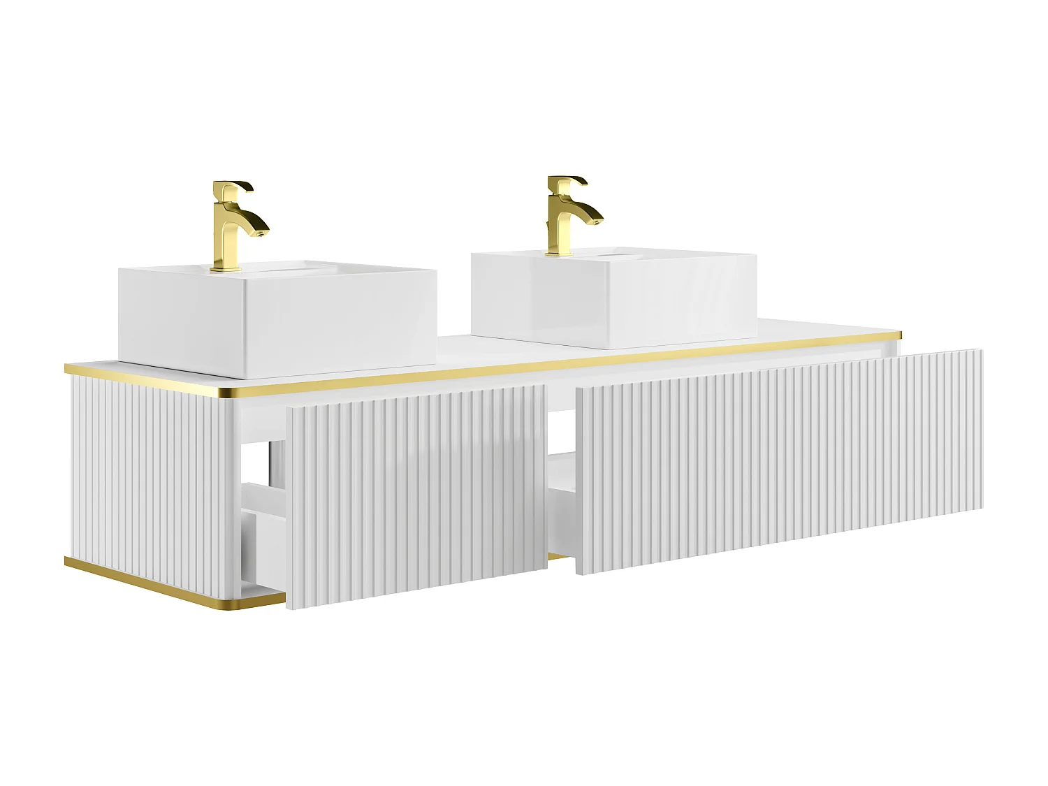 Meuble de salle de bain suspendu strié liseré doré 2 tiroirs avec double vasque à poser carrée - Blanc - 150 cm - KELIZA