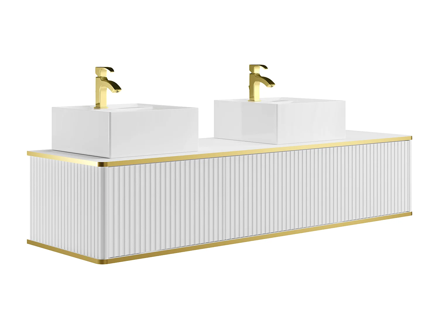 Meuble de salle de bain suspendu strié liseré doré 2 tiroirs avec double vasque à poser carrée - Blanc - 150 cm - KELIZA