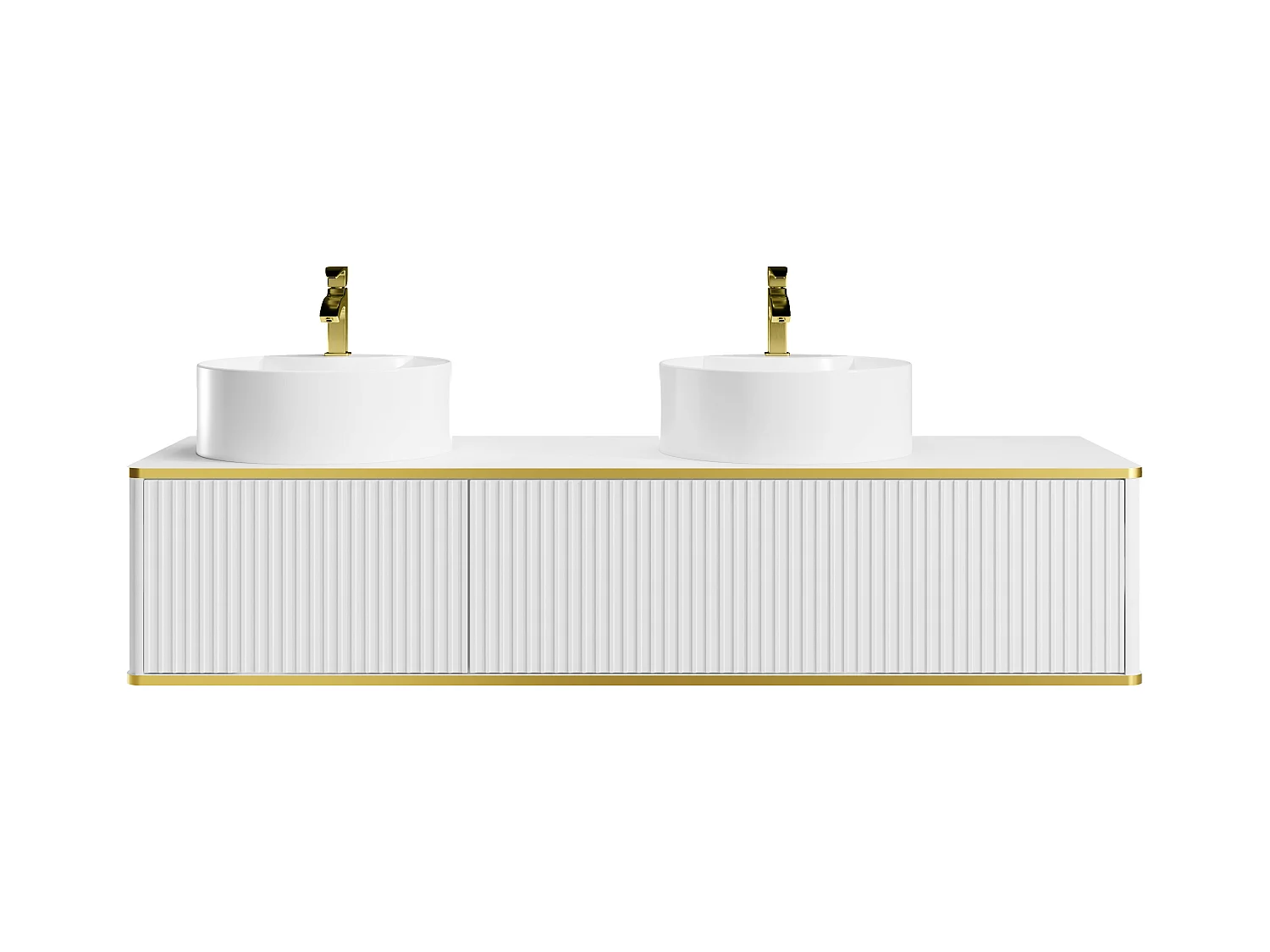 Meuble de salle de bain suspendu strié liseré doré 2 tiroirs avec double vasque à poser ronde - Blanc - 150 cm - KELIZA