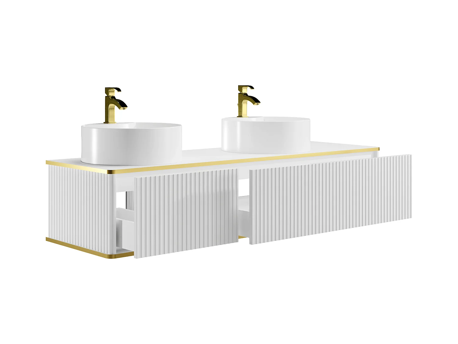 Meuble de salle de bain suspendu strié liseré doré 2 tiroirs avec double vasque à poser ronde - Blanc - 150 cm - KELIZA