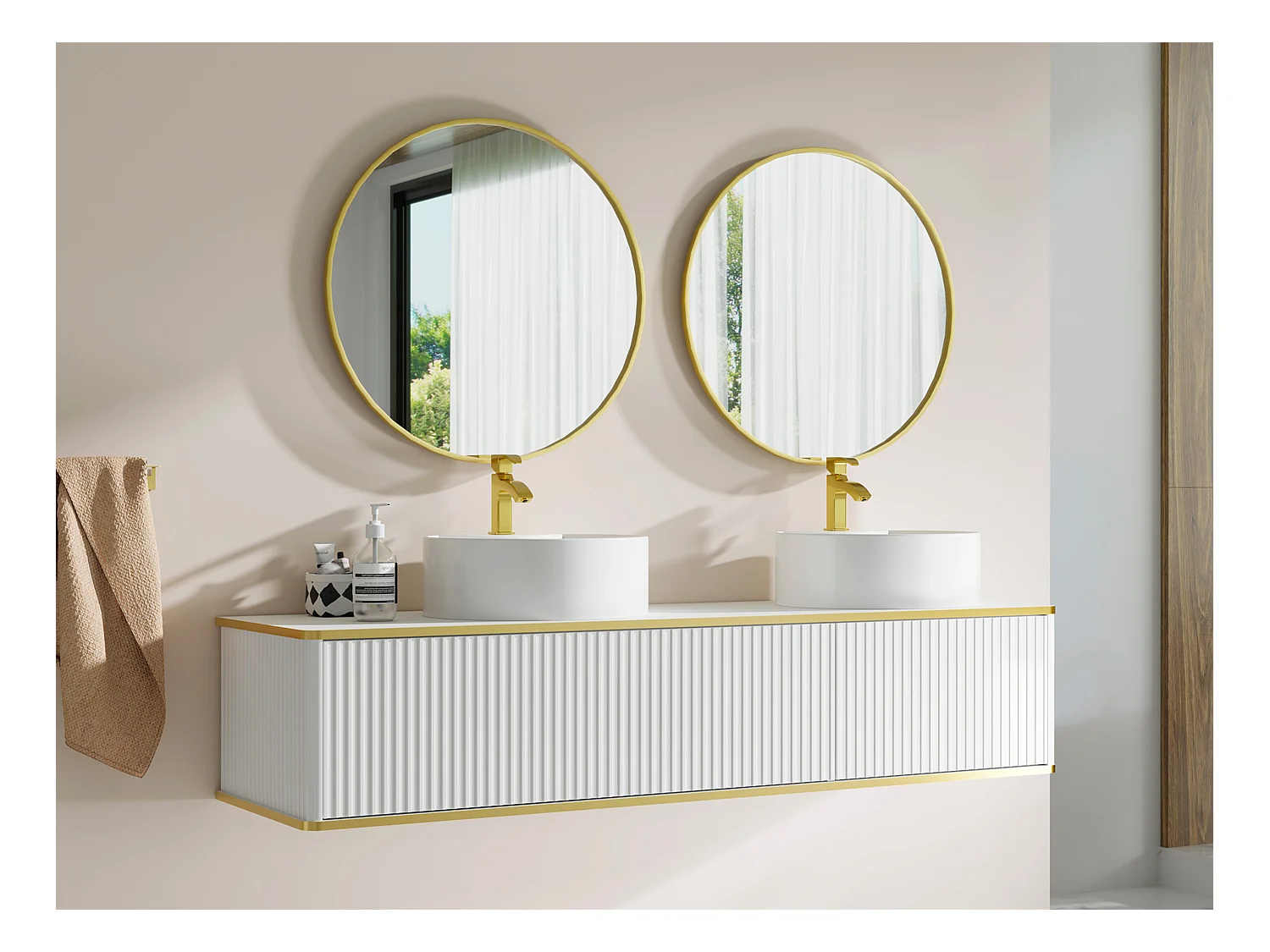 Meuble de salle de bain suspendu strié liseré doré 2 tiroirs avec double vasque à poser ronde - Blanc - 150 cm - KELIZA