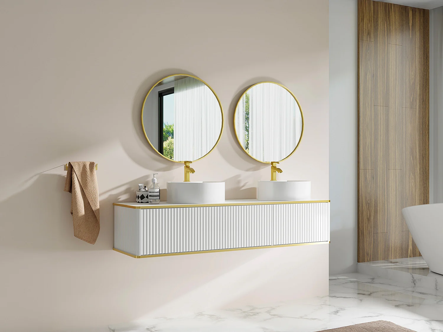 Meuble de salle de bain suspendu strié liseré doré 2 tiroirs avec double vasque à poser ronde - Blanc - 150 cm - KELIZA