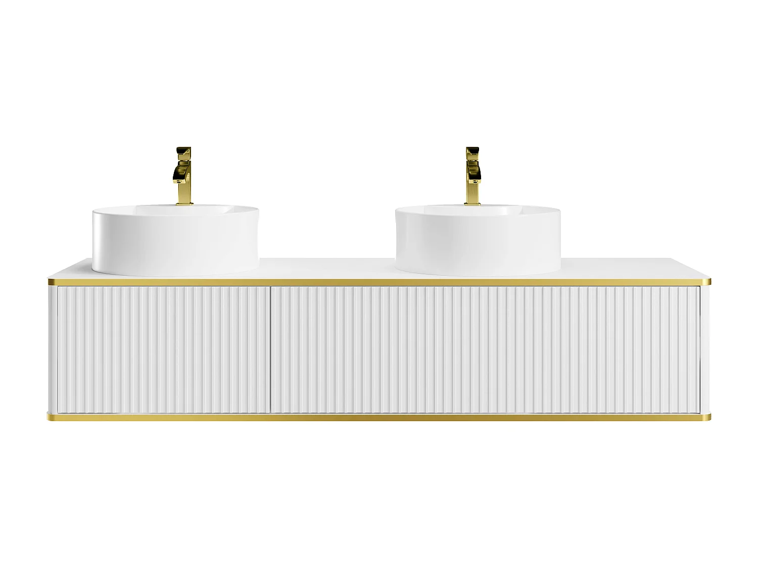 Meuble de salle de bain suspendu strié liseré doré 2 tiroirs avec double vasque à poser ronde - Blanc - 150 cm - KELIZA