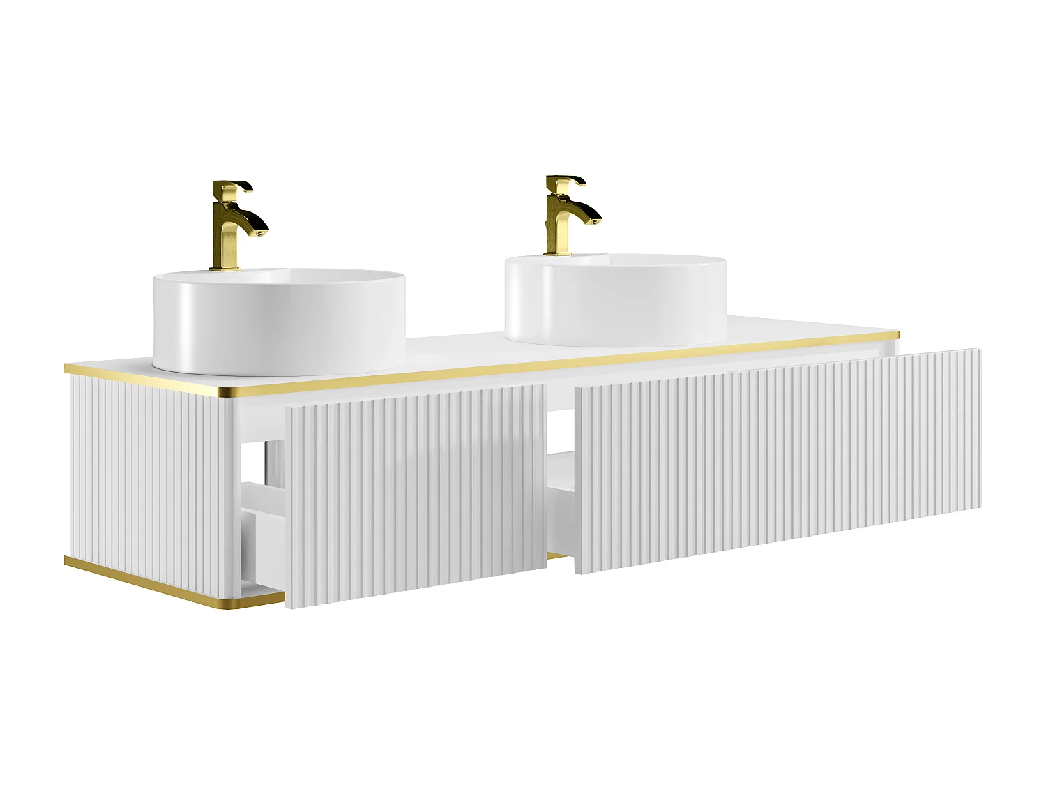 Meuble de salle de bain suspendu strié liseré doré 2 tiroirs avec double vasque à poser ronde - Blanc - 150 cm - KELIZA