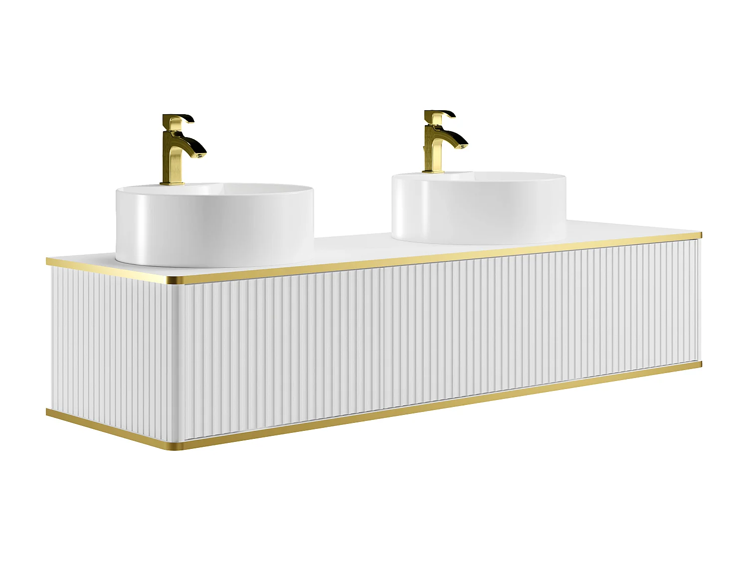 Meuble de salle de bain suspendu strié liseré doré 2 tiroirs avec double vasque à poser ronde - Blanc - 150 cm - KELIZA