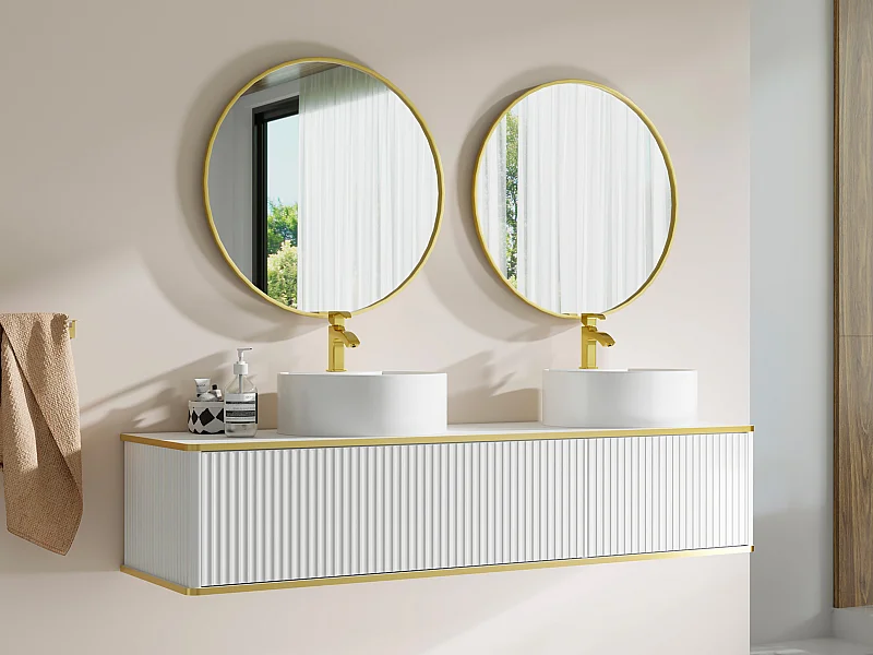 Mobile bagno sospeso con scanalature con profilo dorato 2 cassetti con doppio lavabo da appoggio tondo - Bianco - 150 cm - KELIZA