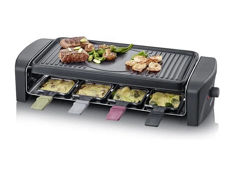 Raclettegerät für 8 Personen, 1.400 W – gerillte und glatte Kochplatte 41,5 x 21 cm, antihaftbeschichtet – Schwarz/Edelstahl