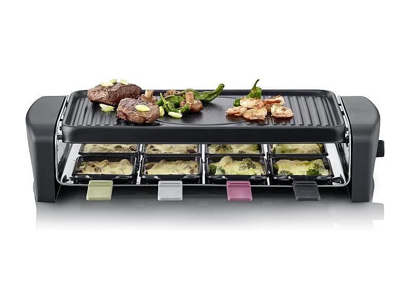 Raclettegerät für 8 Personen, 1.400 W – gerillte und glatte Kochplatte 41,5 x 21 cm, antihaftbeschichtet – Schwarz/Edelstahl