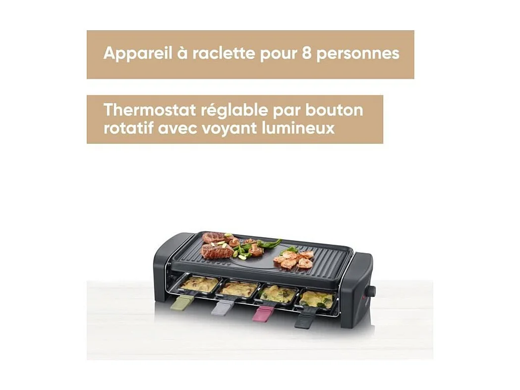 Raclettegerät für 8 Personen, 1.400 W – gerillte und glatte Kochplatte 41,5 x 21 cm, antihaftbeschichtet – Schwarz/Edelstahl