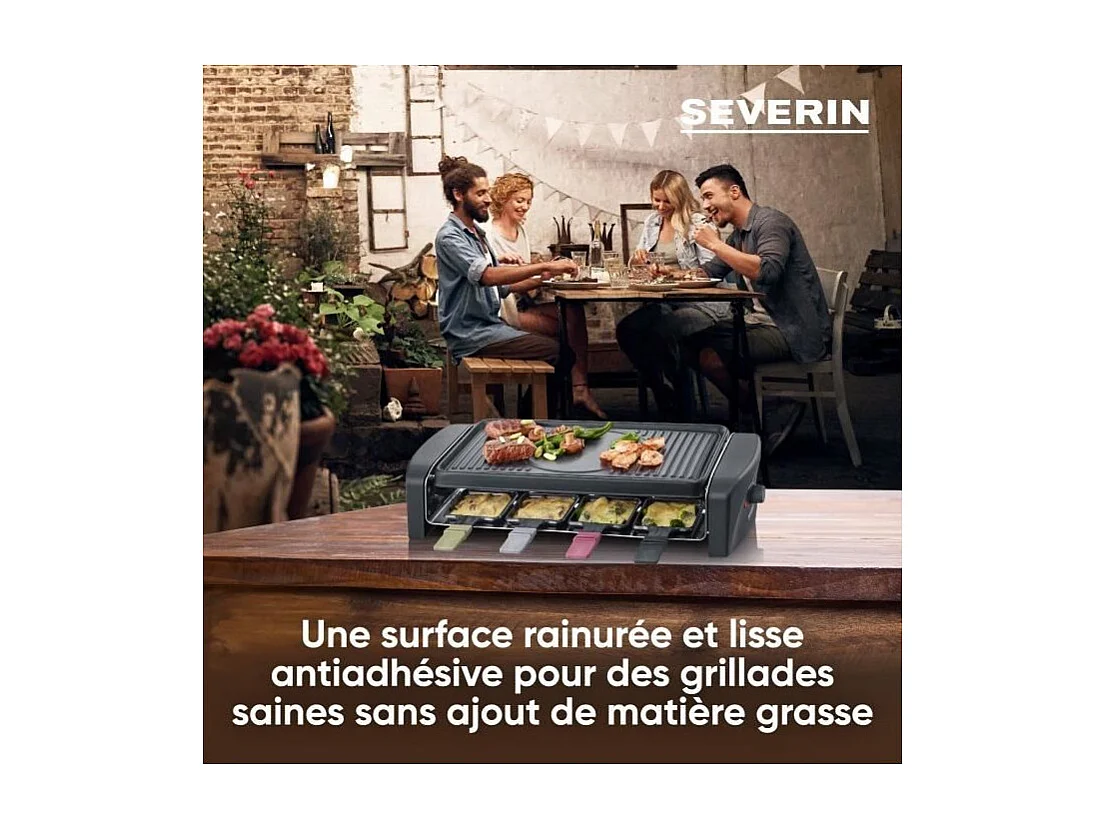 Raclettegerät für 8 Personen, 1.400 W – gerillte und glatte Kochplatte 41,5 x 21 cm, antihaftbeschichtet – Schwarz/Edelstahl