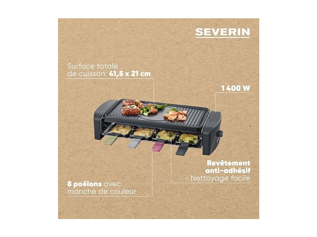 Raclettegerät für 8 Personen, 1.400 W – gerillte und glatte Kochplatte 41,5 x 21 cm, antihaftbeschichtet – Schwarz/Edelstahl