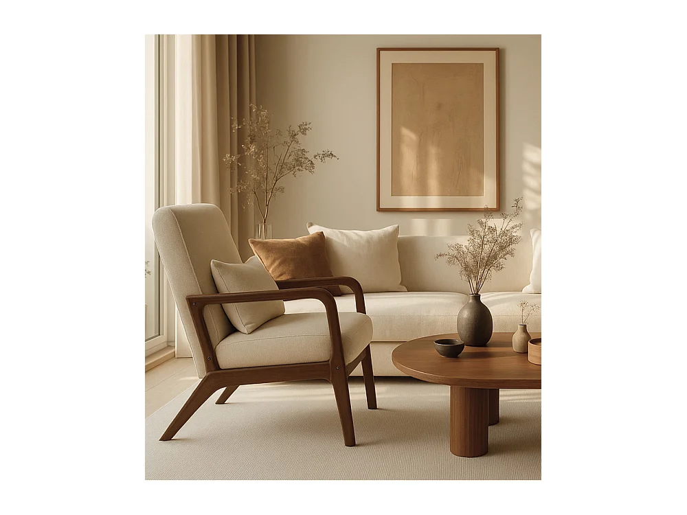 Butaca de 78x65x75 cm con estructura de madera y tela con cojín lumbar en beige Nicole