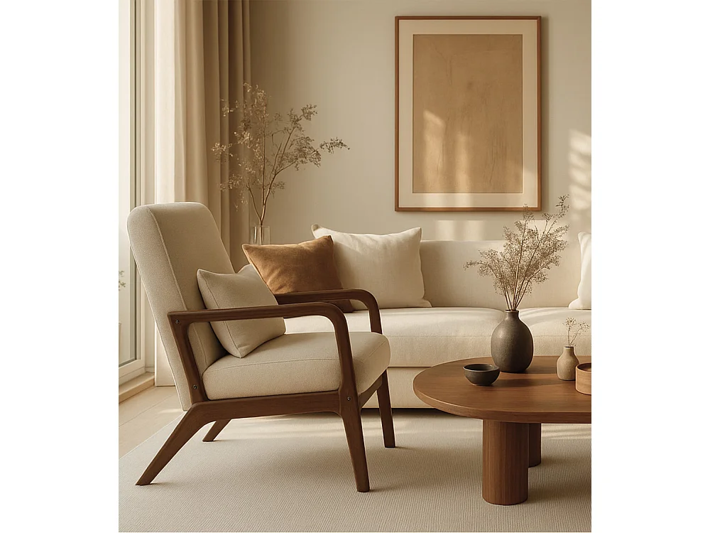 Butaca de 78x65x75 cm con estructura de madera y tela con cojín lumbar en beige Nicole