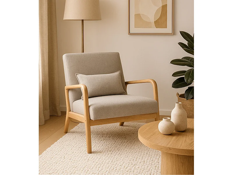 Butaca de 78x65x75 cm con estructura de madera y tela con cojín lumbar en gris Nicole