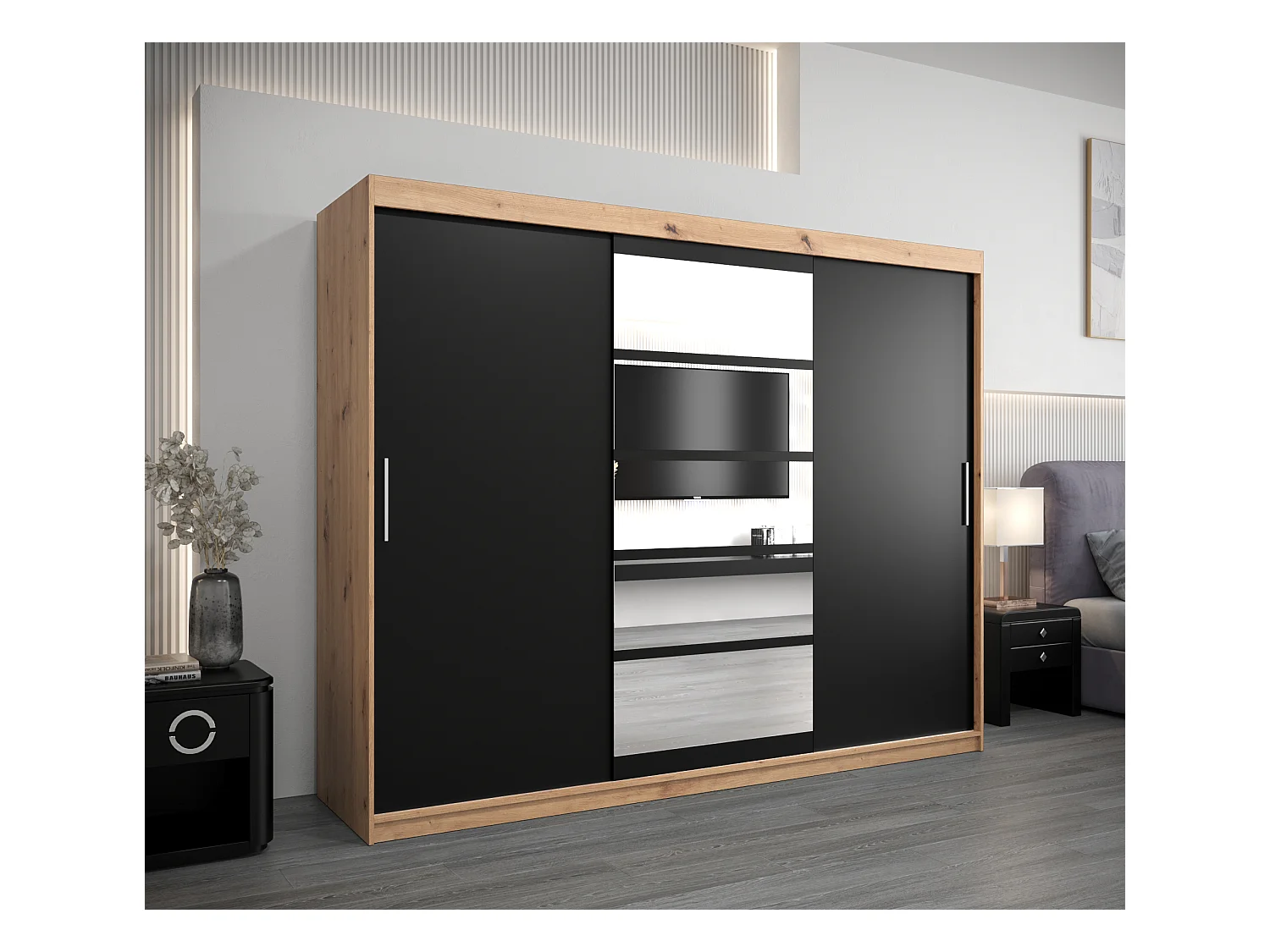 Schwebetürenschrank Roma 200/250/62 2-Türig (Artisan/Schwarz)