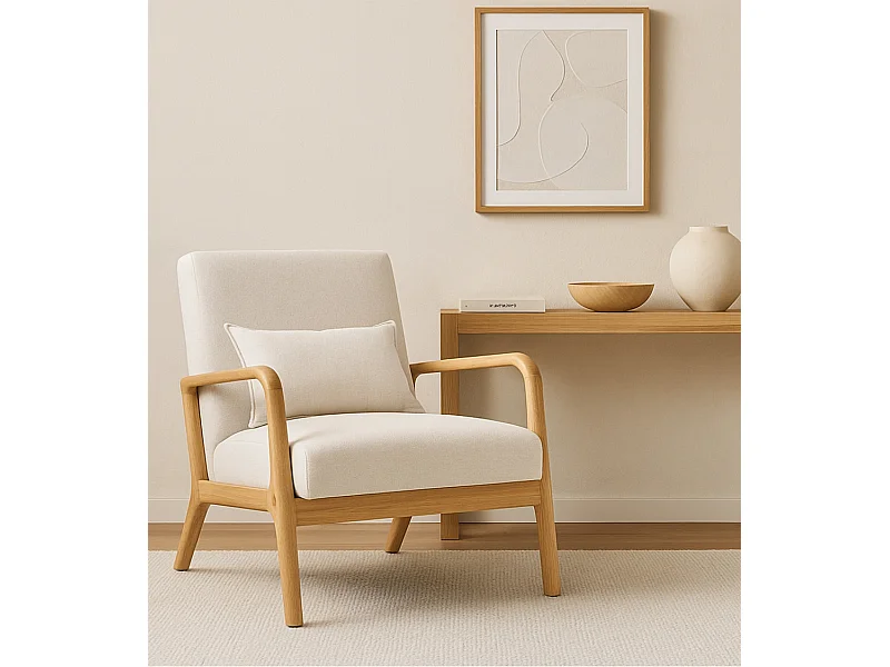 Butaca de 78x65x75 cm con estructura de madera y tela con cojín lumbar en crudo Nicole