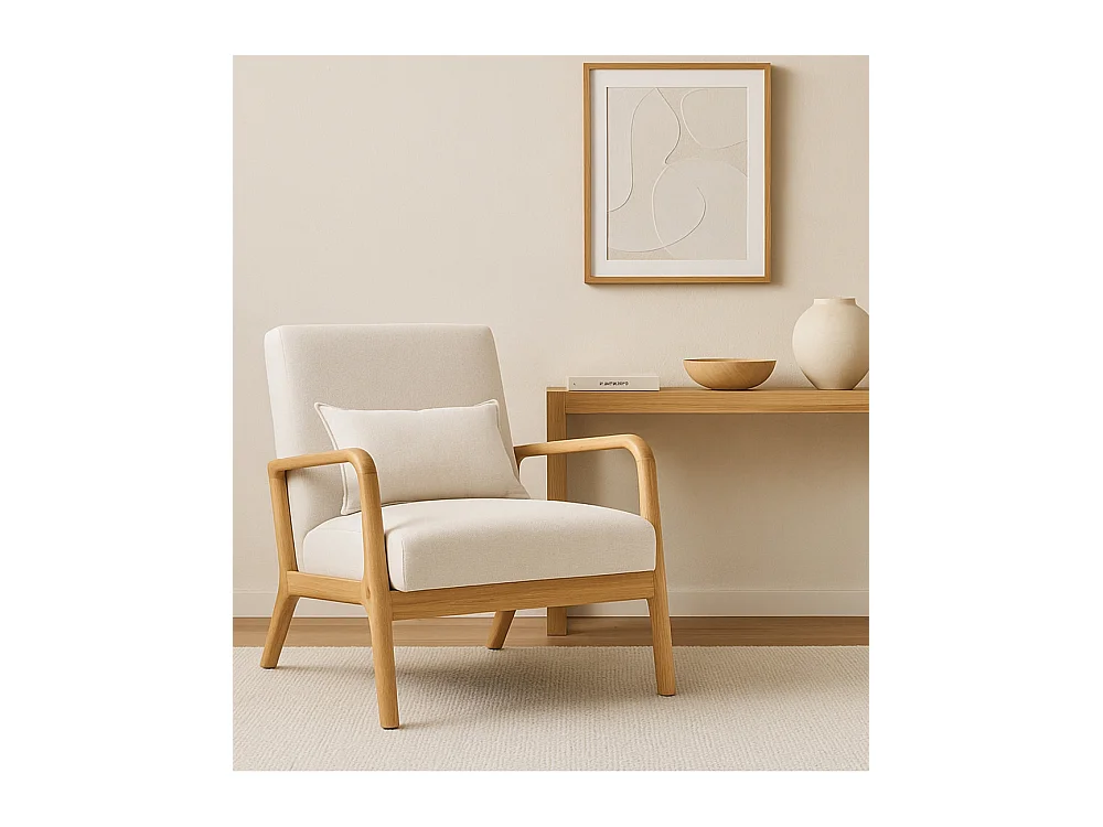 Butaca de 78x65x75 cm con estructura de madera y tela con cojín lumbar en crudo Nicole