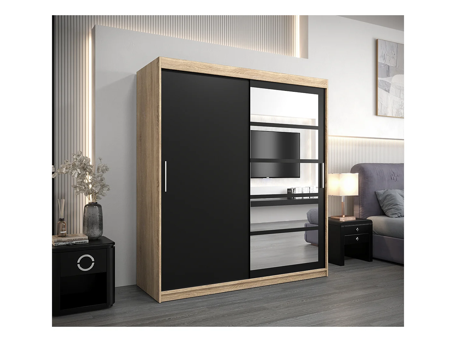 Schwebetürenschrank Roma 200/180/62 2-Türig (Sonoma/Schwarz)