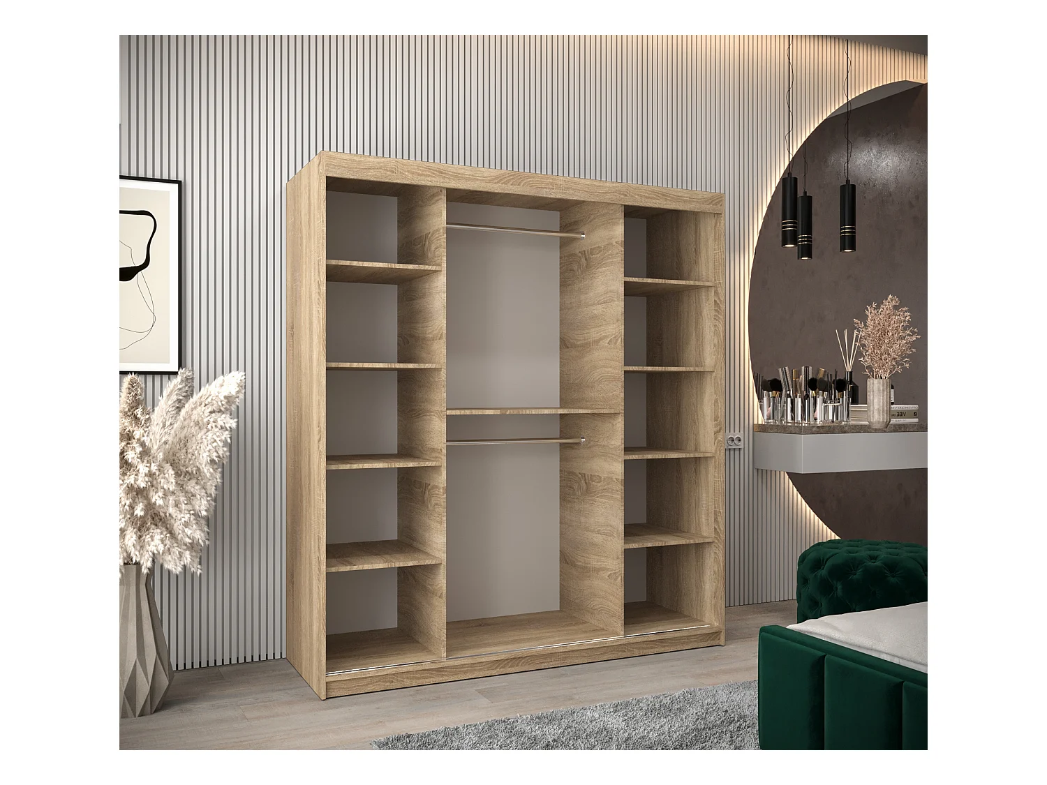 Schwebetürenschrank Roma 200/180/62 2-Türig (Sonoma/Schwarz)