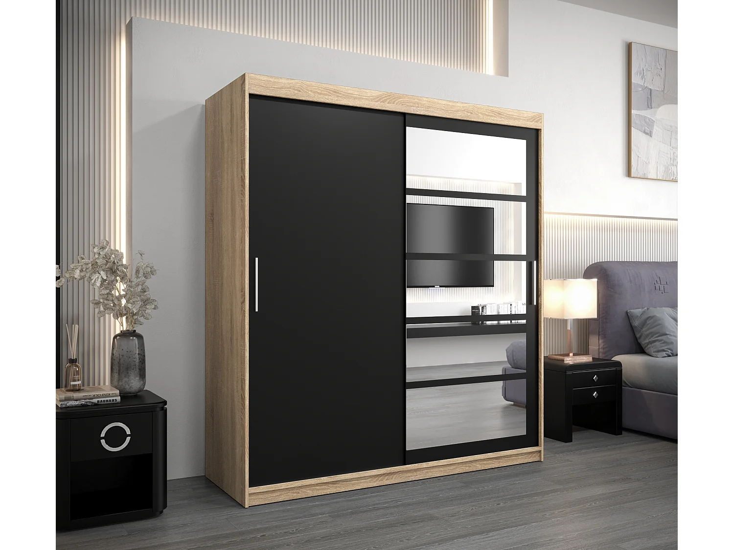 Armoire Roma 1 À Portes Coulissantes 200/180/62 2 portes (Sonoma/Noir)