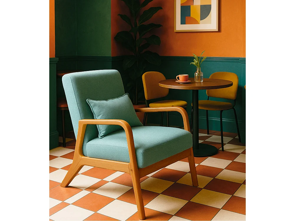 Butaca de 78x65x75 cm con estructura de madera y tela con cojín lumbar en verde Nicole