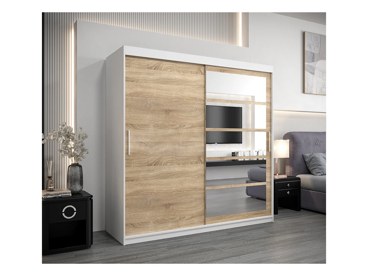 Armoire Roma 1 À Portes Coulissantes 200/200/62 2 portes (Blanc/Sonoma)