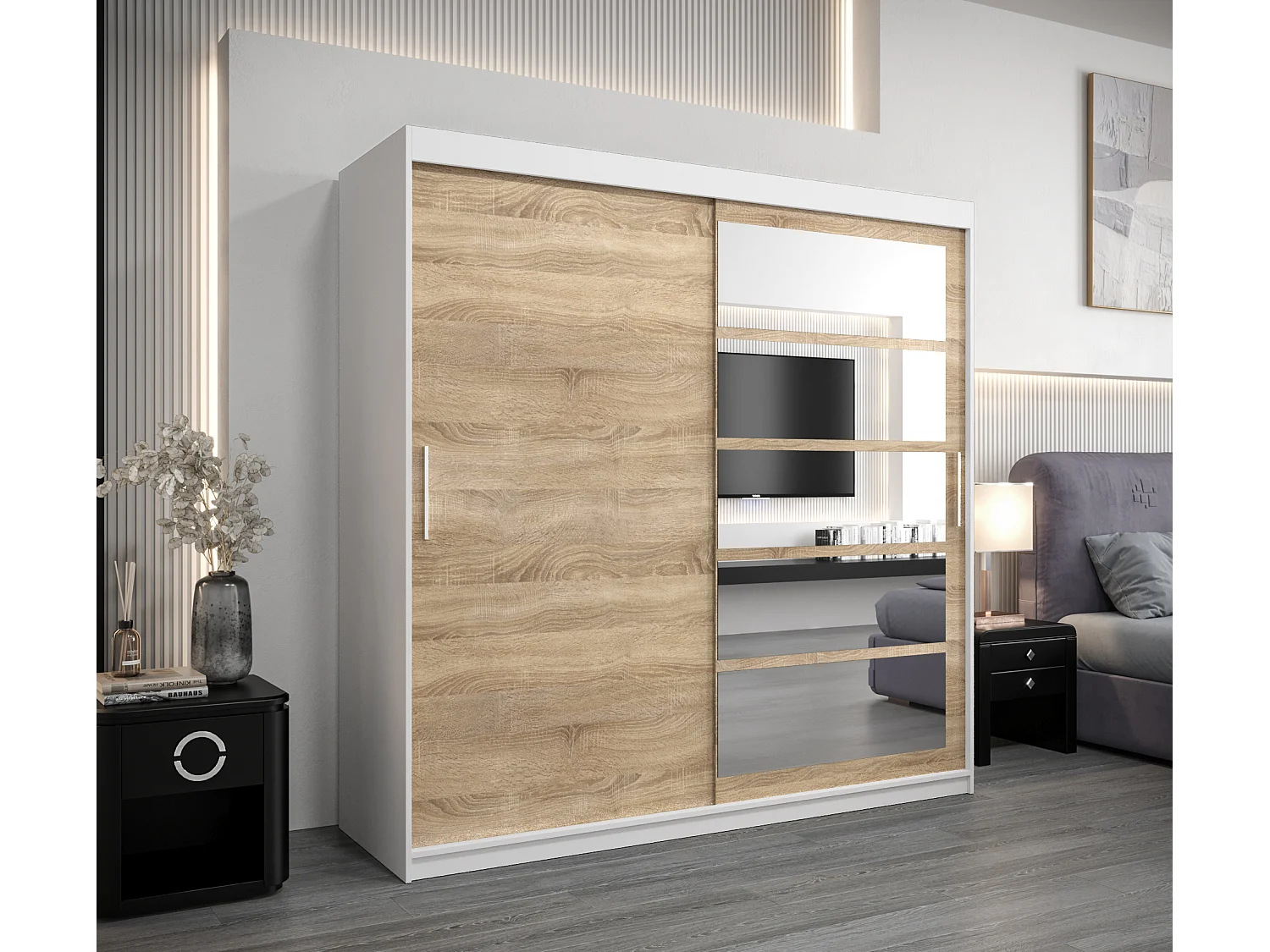 Armoire Roma 1 À Portes Coulissantes 200/200/62 2 portes (Blanc/Sonoma)