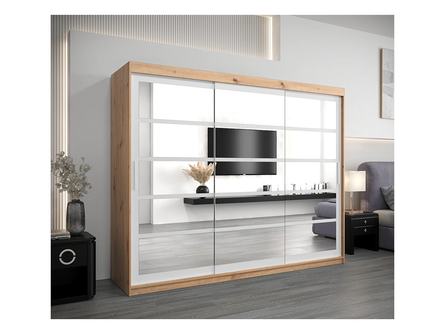 Armoire Roma 2 À Portes Coulissantes 200/250/62 3 Portes (Artisan/Blanc)