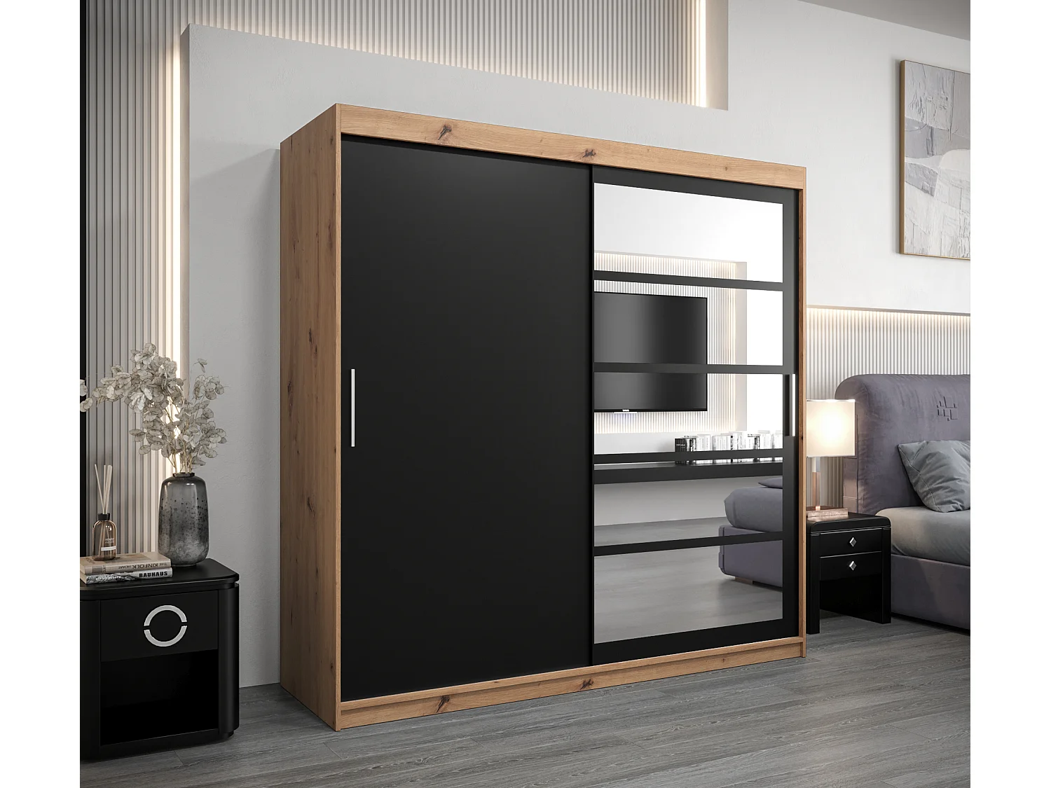 Schwebetürenschrank Roma 200/200/62 2-Türig (Artisan/Schwarz)