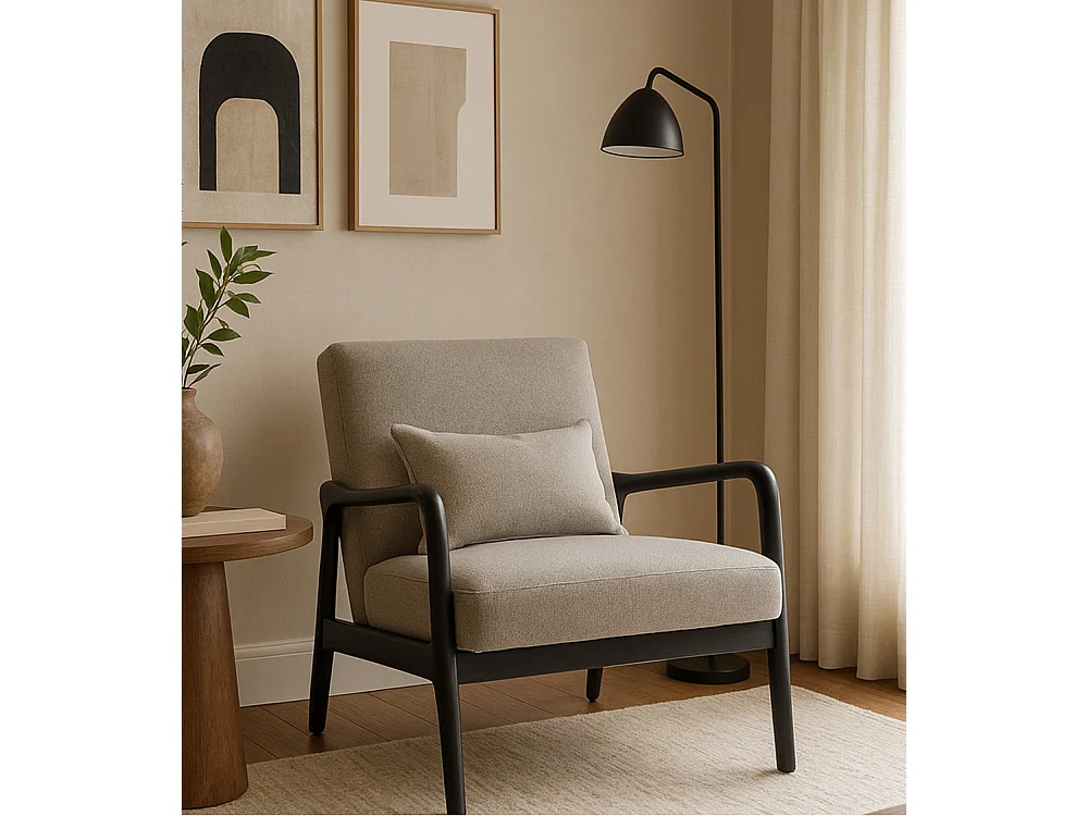 Butaca de 78x65x75 cm con estructura de madera y tela con cojín lumbar en gris taupe Nicole