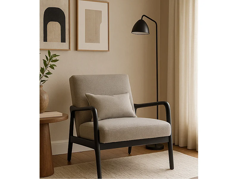 Butaca de 78x65x75 cm con estructura de madera y tela con cojín lumbar en gris taupe Nicole