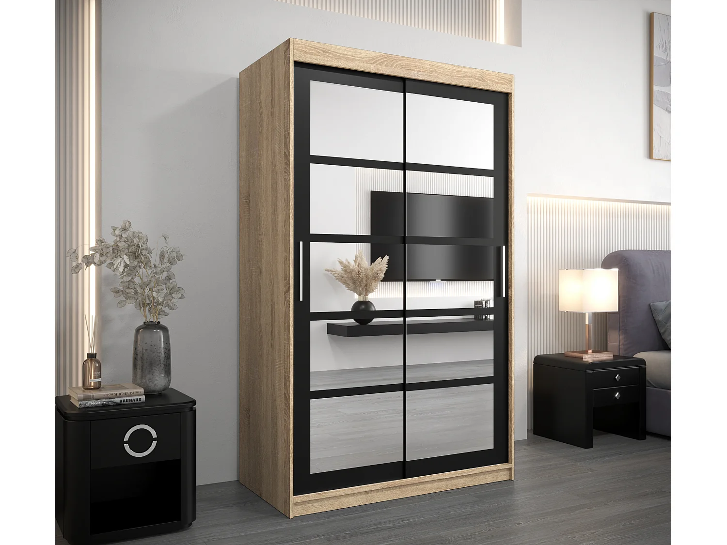 Roma 2 kledingkast met schuifdeuren 200/120/62 2 deuren (sonoma/zwart)