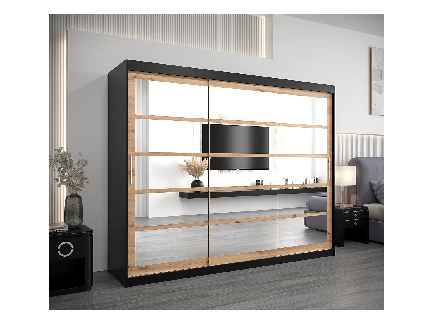 Armoire Roma 2 À Portes Coulissantes 200/250/62 3 Portes (Noir/Artisan)