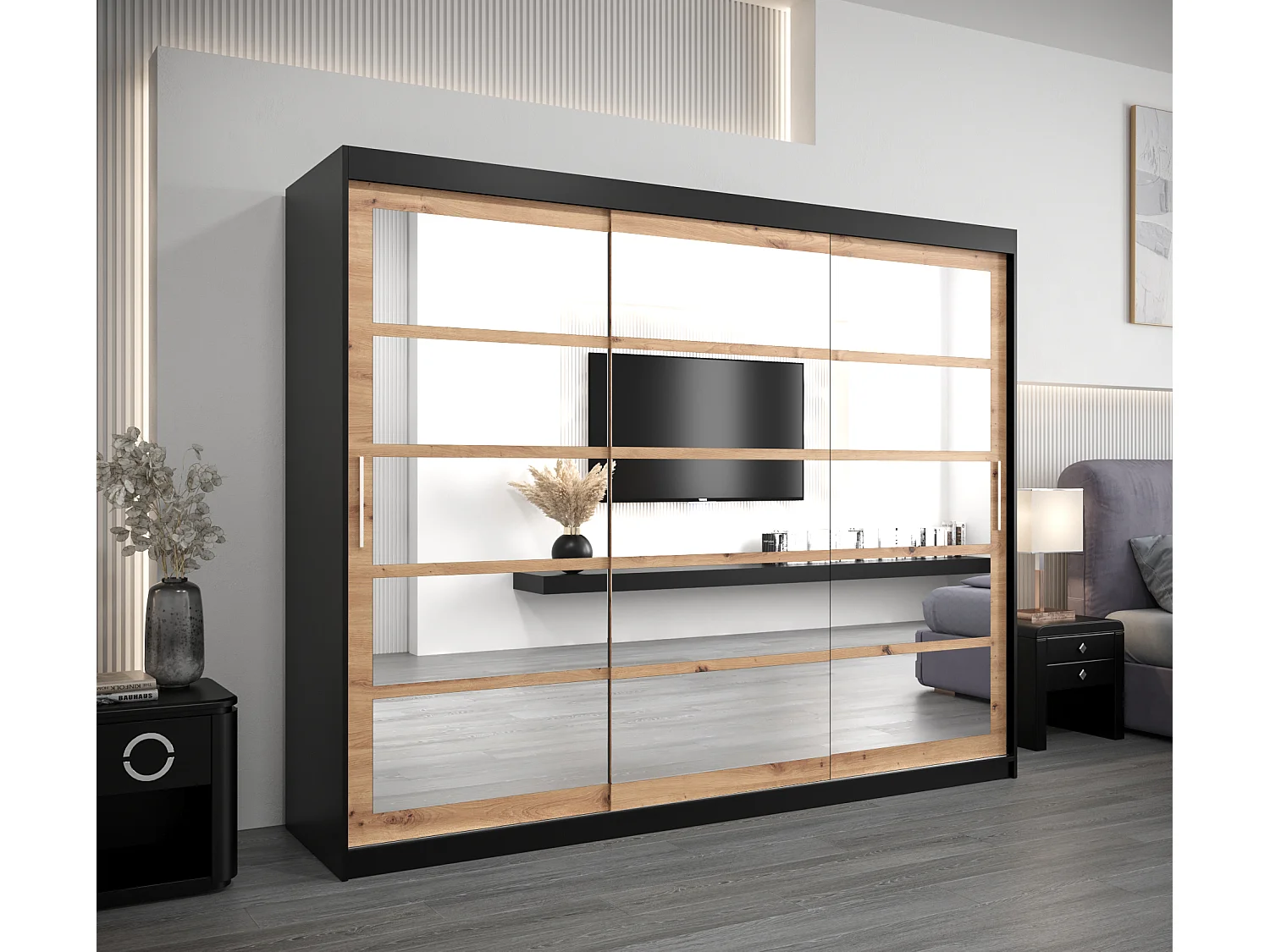 Roma 2 kledingkast met schuifdeuren 200/250/62 3 deuren (zwart/artisan)