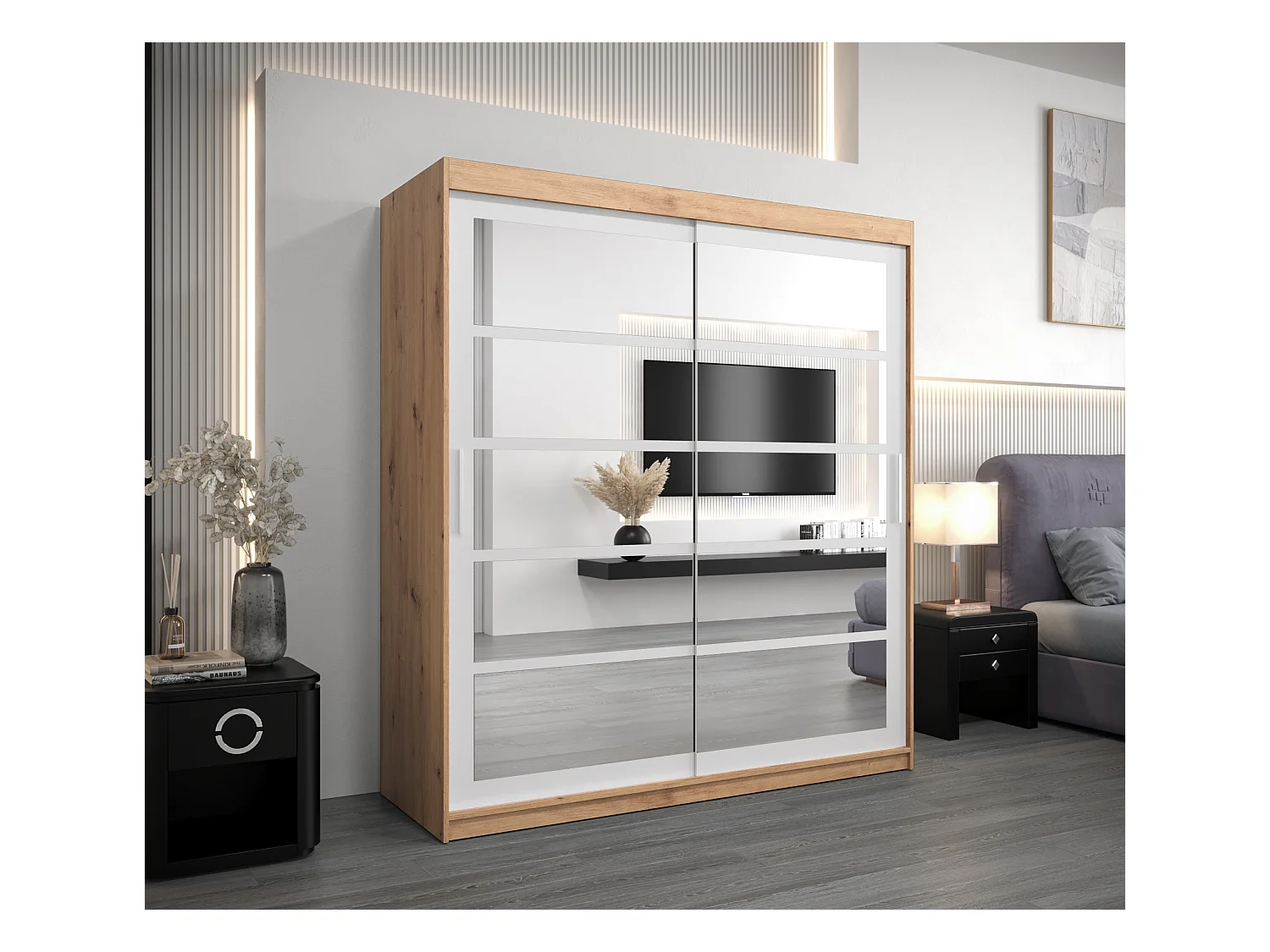 Schwebetürenschrank Roma 200/180/62 2-Türig (Artisan/Weiß)