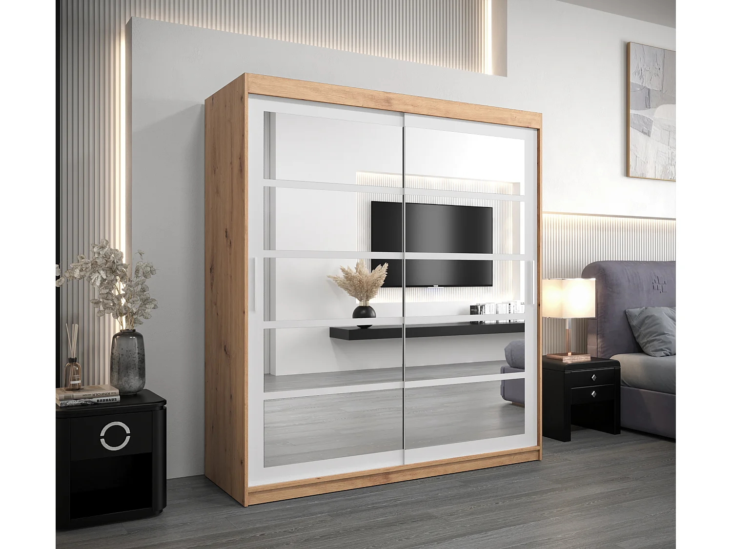 Armoire Roma 2 À Portes Coulissantes 200/180/62 2 portes (Artisan/Blanc)