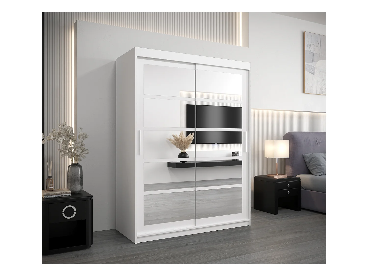 Schwebetürenschrank Roma 200/150/62 2-Türig (Weiß)