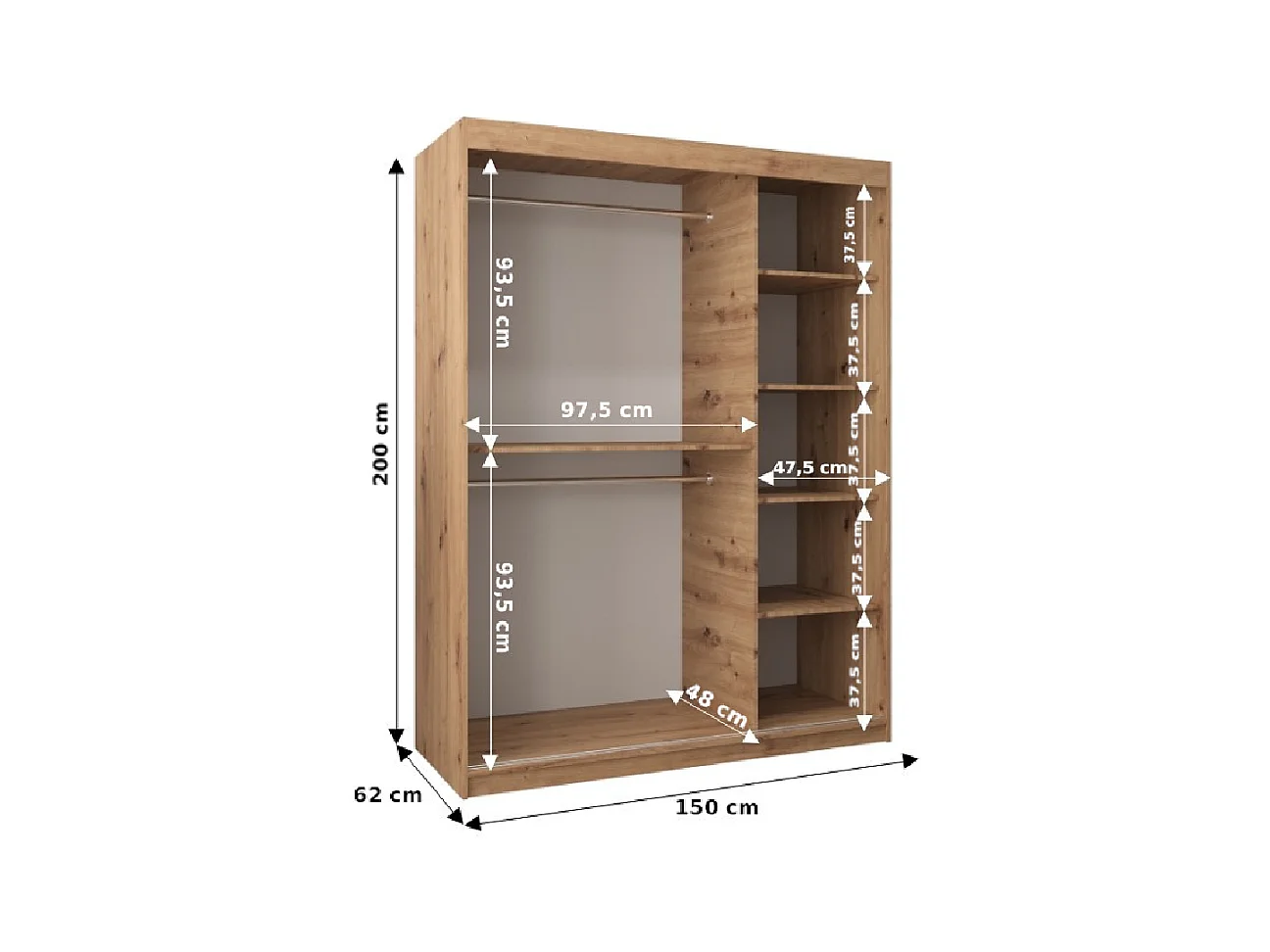 Schwebetürenschrank Roma 200/150/62 2-Türig (Sonoma/Schwarz)