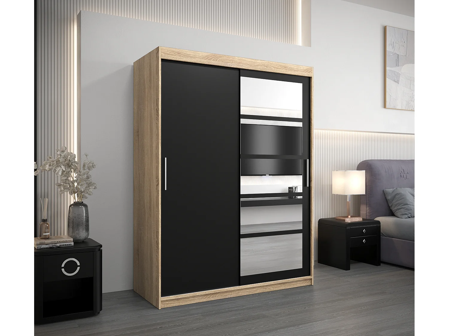 Armoire Roma 1 À Portes Coulissantes 200/150/62 2 portes (Sonoma/Noir)