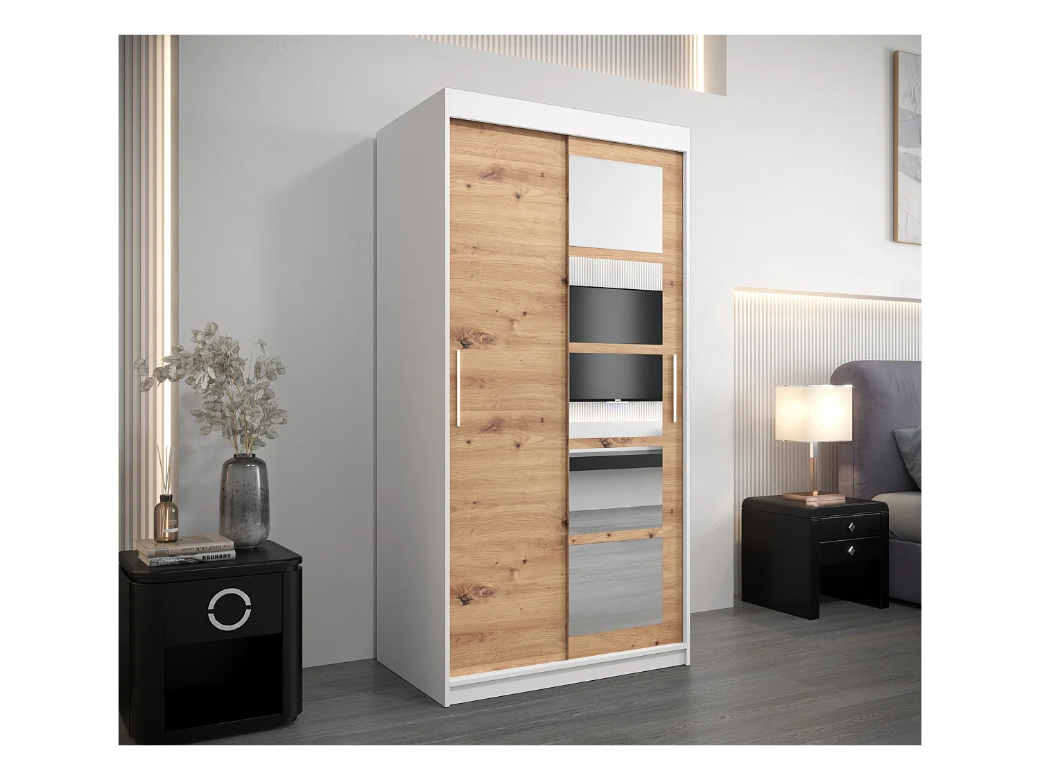 Schwebetürenschrank Roma 200/100/62 2-Türig (Weiß/Artisan)