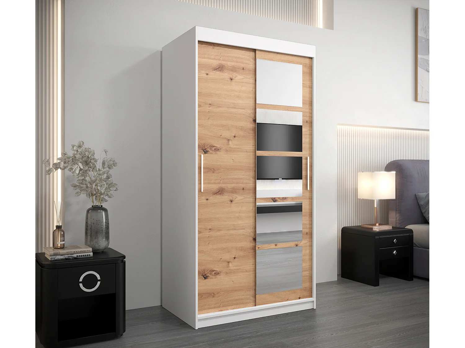 Schwebetürenschrank Roma 200/100/62 2-Türig (Weiß/Artisan)