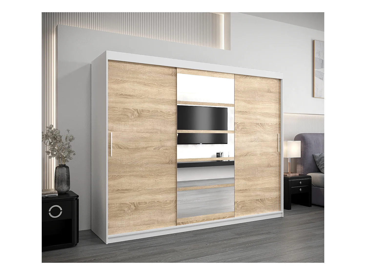 Armoire Roma 1 À Portes Coulissantes 200/250/62 3 Portes (Blanc/Sonoma)