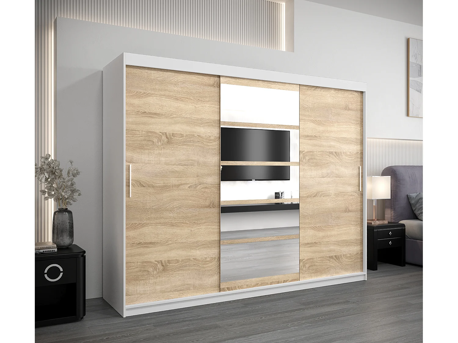 Roma 1 kledingkast met schuifdeuren 200/250/62 3 deuren (wit/sonoma)